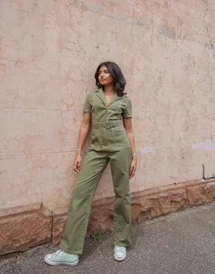 Labelrail x Pose and Repeat belted boiler suit in forest green with pink contrast stitch | ASOS (Global)