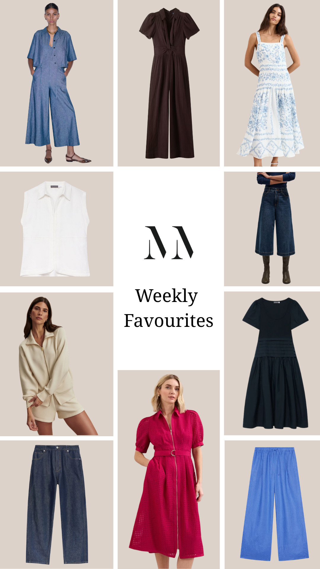 The Weekly Favourites Edit

denim jumpsuit, chocolate brown jumpsuit, blue floral midi dress, white sleeveless waistcoat, cropped wide leg jeans, cream lounge set, navy puff sleeve dress, pink belted dress, blue wide leg trousers, weekly favourites, spring fashion, summer style, elevated basics, chic separates, capsule wardrobe, contemporary womenswear, effortless dressing, minimalist style, polished casual, smart casual, flattering silhouettes, versatile staples, neutral tones, feminine style, denim edit 

 #LTKspring #LTKsummer #LTKeurope