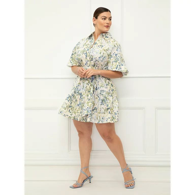 ELOQUII Elements Women's Plus Size Button Down Dress with Flounce - Walmart.com | Walmart (US)