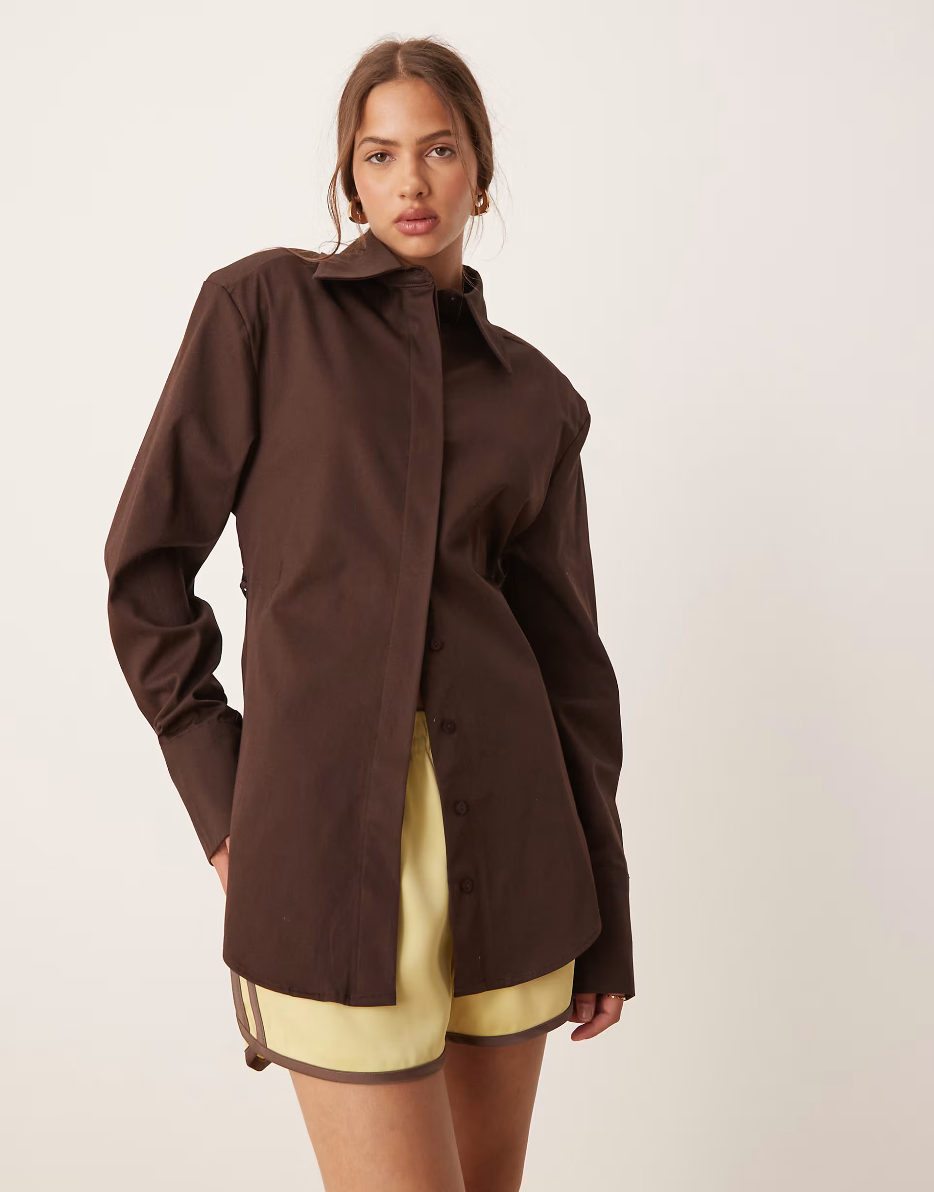 ASOS DESIGN cinch shoulder pad shirt with tie back in chocolate | ASOS (Global)