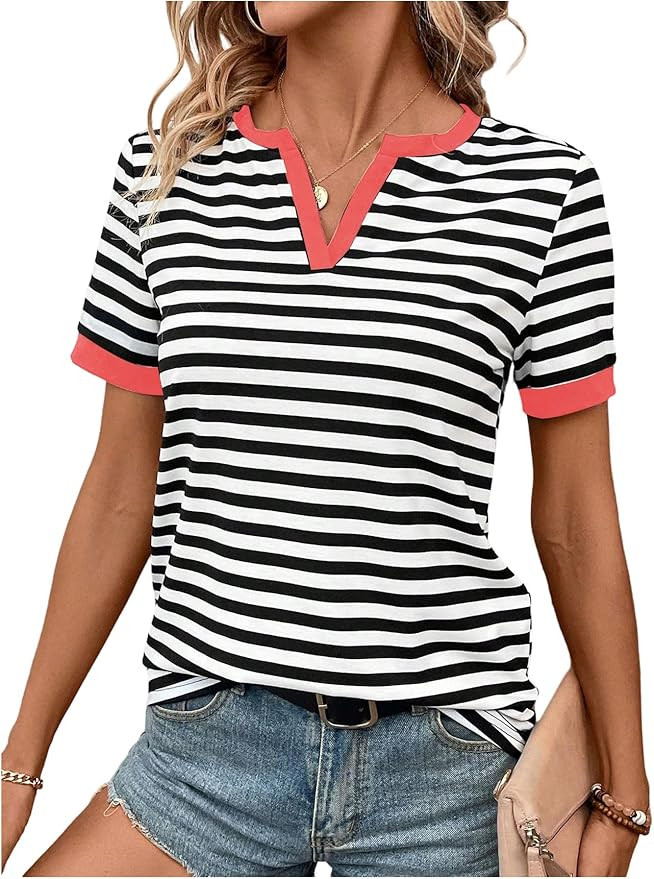 SweatyRocks Women's Striped V Neck T Shirts Short Sleeve Casual Tees Summer Tops | Amazon (US)