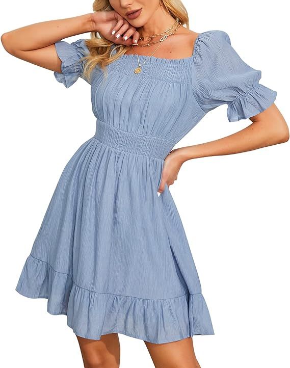 EXLURA Women's Summer Off Shoulder Smocked Mini Dress Square Neck Puff Short Sleeve High Waist Sh... | Amazon (US)