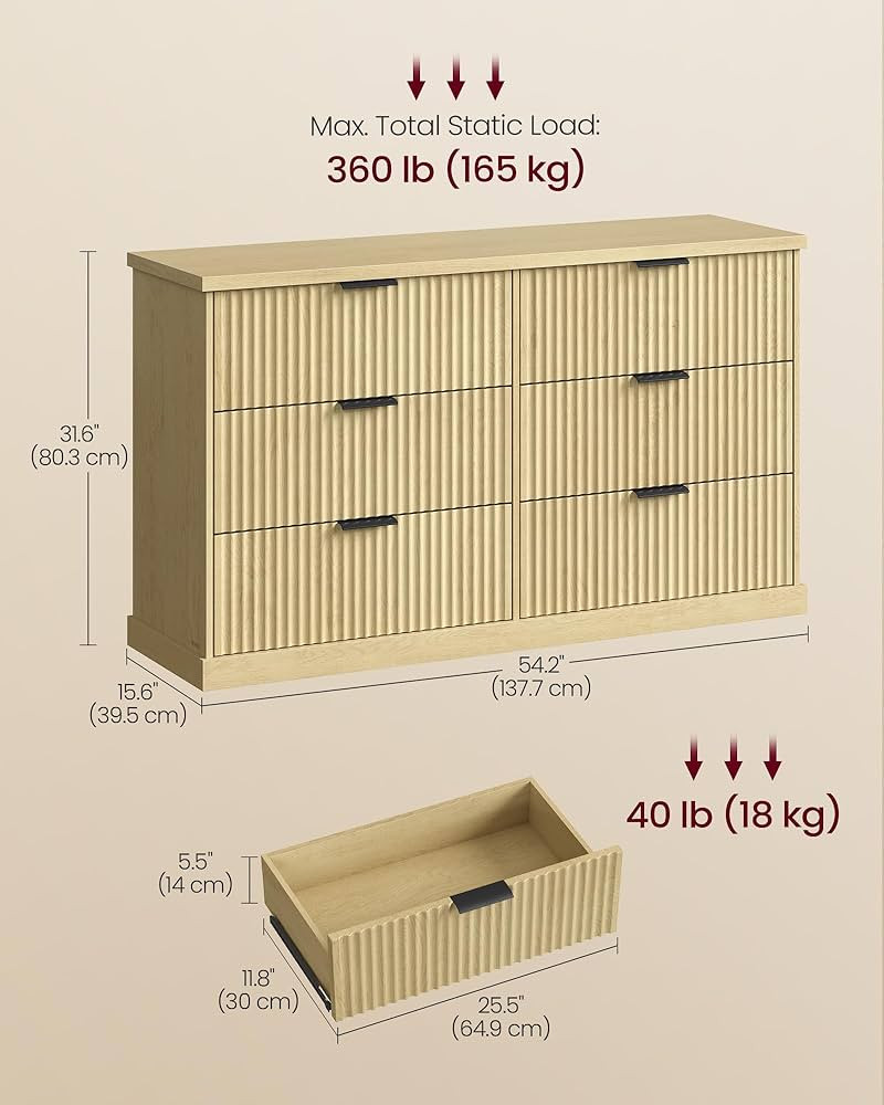 Amazon.com: VASAGLE MAXE Collection - 6-Drawer Double Dresser for Bedroom, 54.2-Inch Wide Chest o... | Amazon (US)
