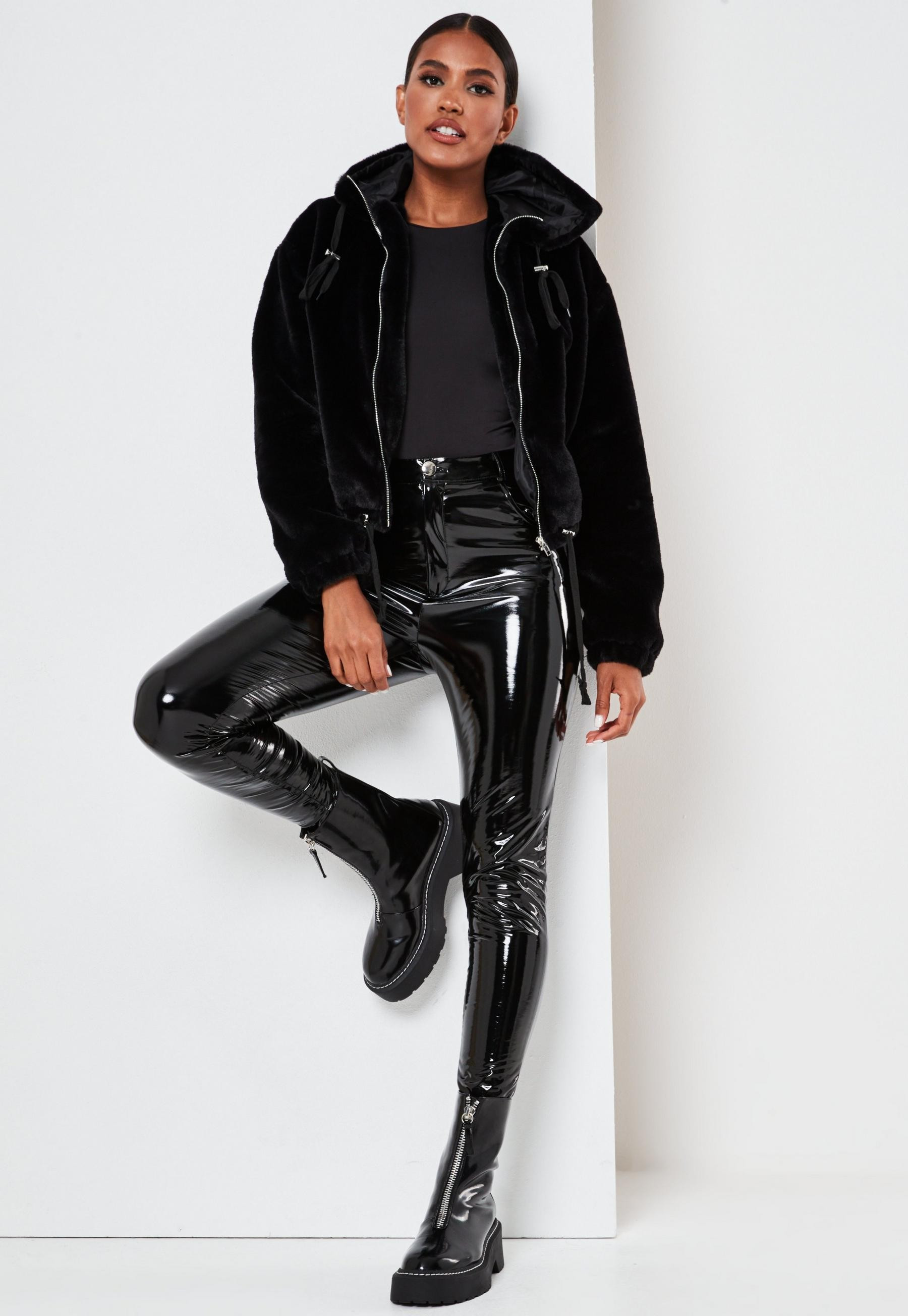 Black Faux Fur Hooded Bomber Jacket | Missguided (US & CA)