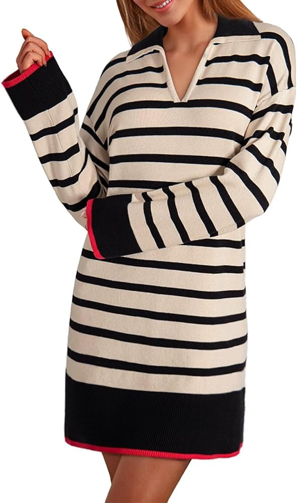 Dokotoo Women's Polo V Neck Sweater Dresses Fall Dresses for Women 2024 Long Sleeve Dress Casual ... | Amazon (US)