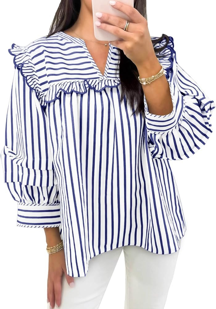 Cicy Bell Womens Striped Babydoll Tops Ruffle V Neck Puff Sleeve Blouses Loose Fit Cute Flowy Shi... | Amazon (US)