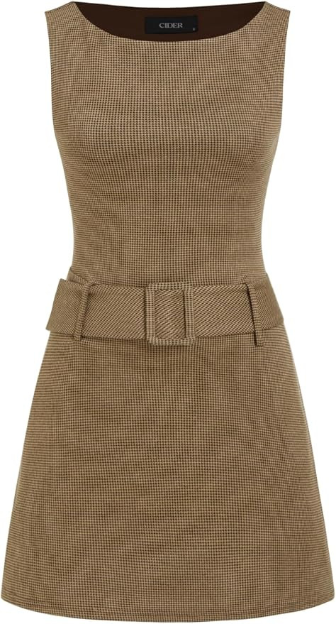 CIDER Plaid Mini Dress Houndstooth Belted Boat Neck Work Dress | Amazon (US)