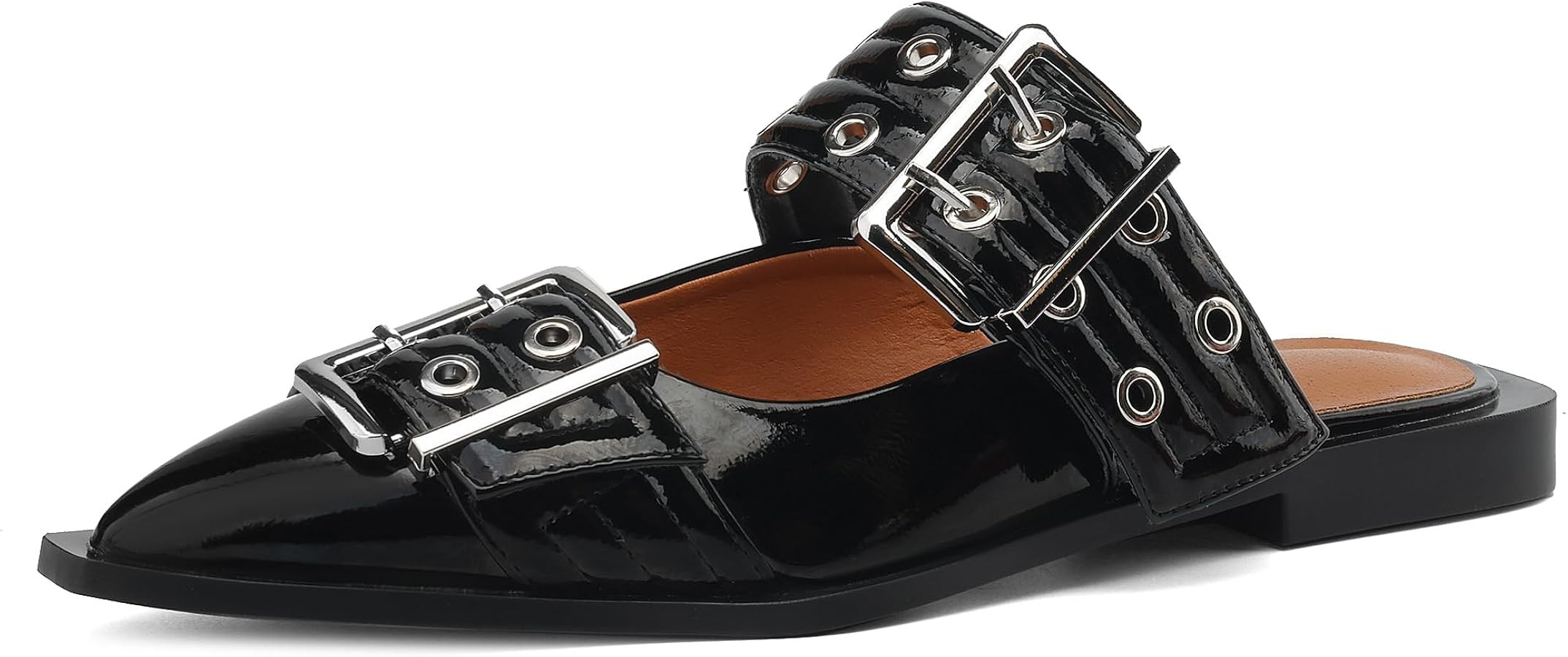 Buckle Flats for Women Wide Welt Buckled Mules Pointed Toe Block Heel Pumps | Amazon (US)