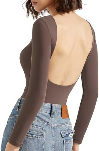 SUUKSESS Women Backless Y2k Long Sleeve Bodysuit Double Lined Open Back Sexy Basic Top | Amazon (US)