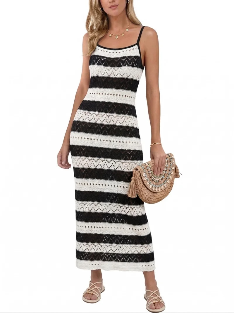 Anygrew Women's Swimsuit Cover Up Crochet Knit Maxi Dress Spaghetti Strap Summer Beach Casual Dre... | Walmart (US)