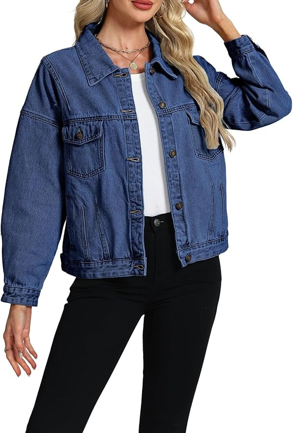 LifeShe Women's Oversized Denim Jacket Boyfriend Ripped Distressed Jean Jackets Casual Long Sleev... | Amazon (US)