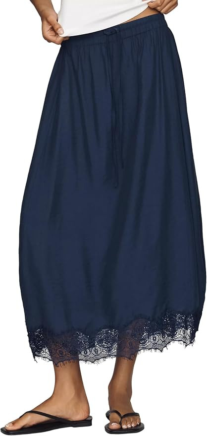 Yidarer Womens Drawstring Elastic Waist Lace Hem Maxi Skirt | Delicate Eyelash Lace Trim, Romanti... | Amazon (US)