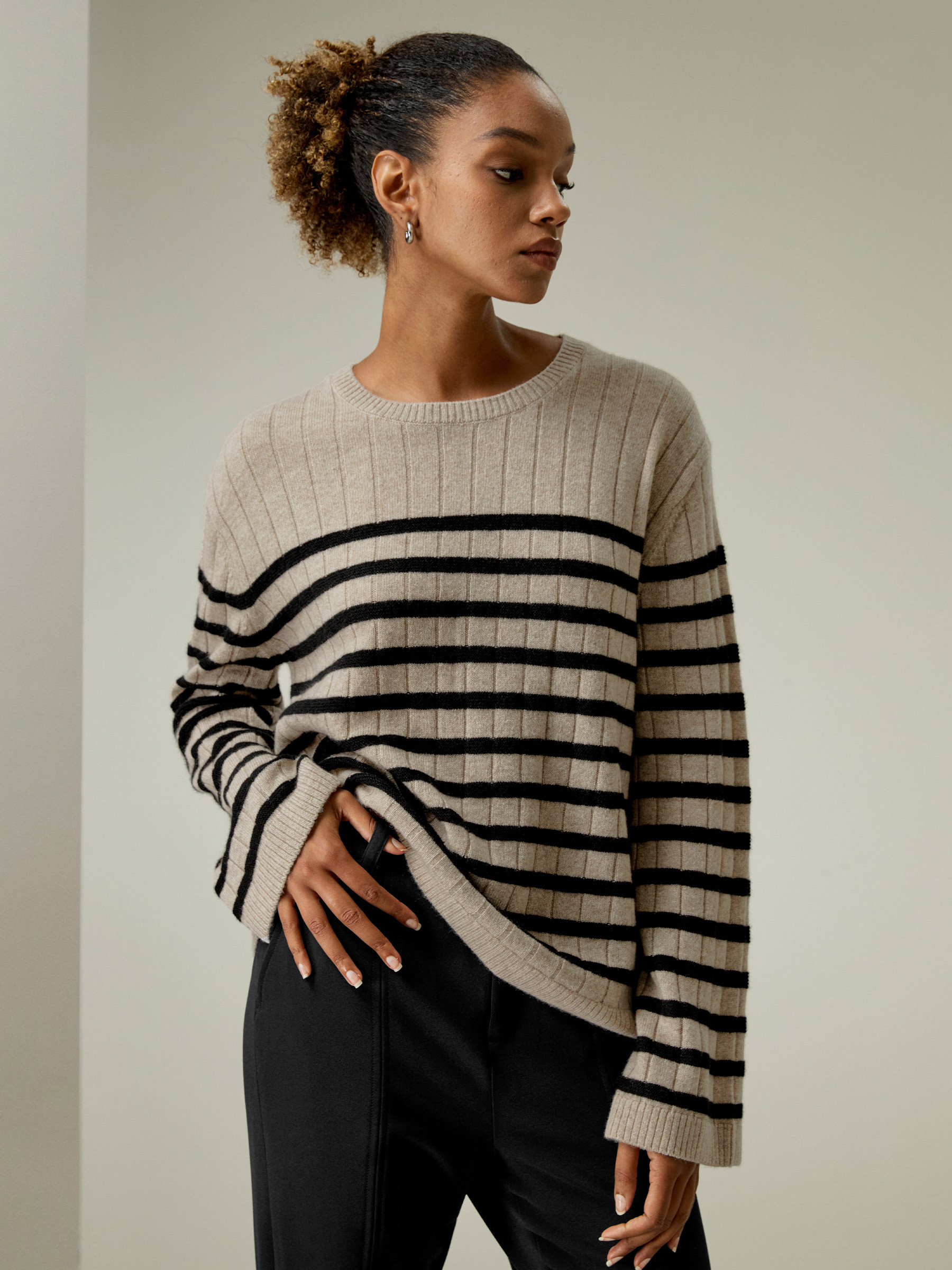 Drop-Shoulder Striped Cashmere Sweater | LilySilk