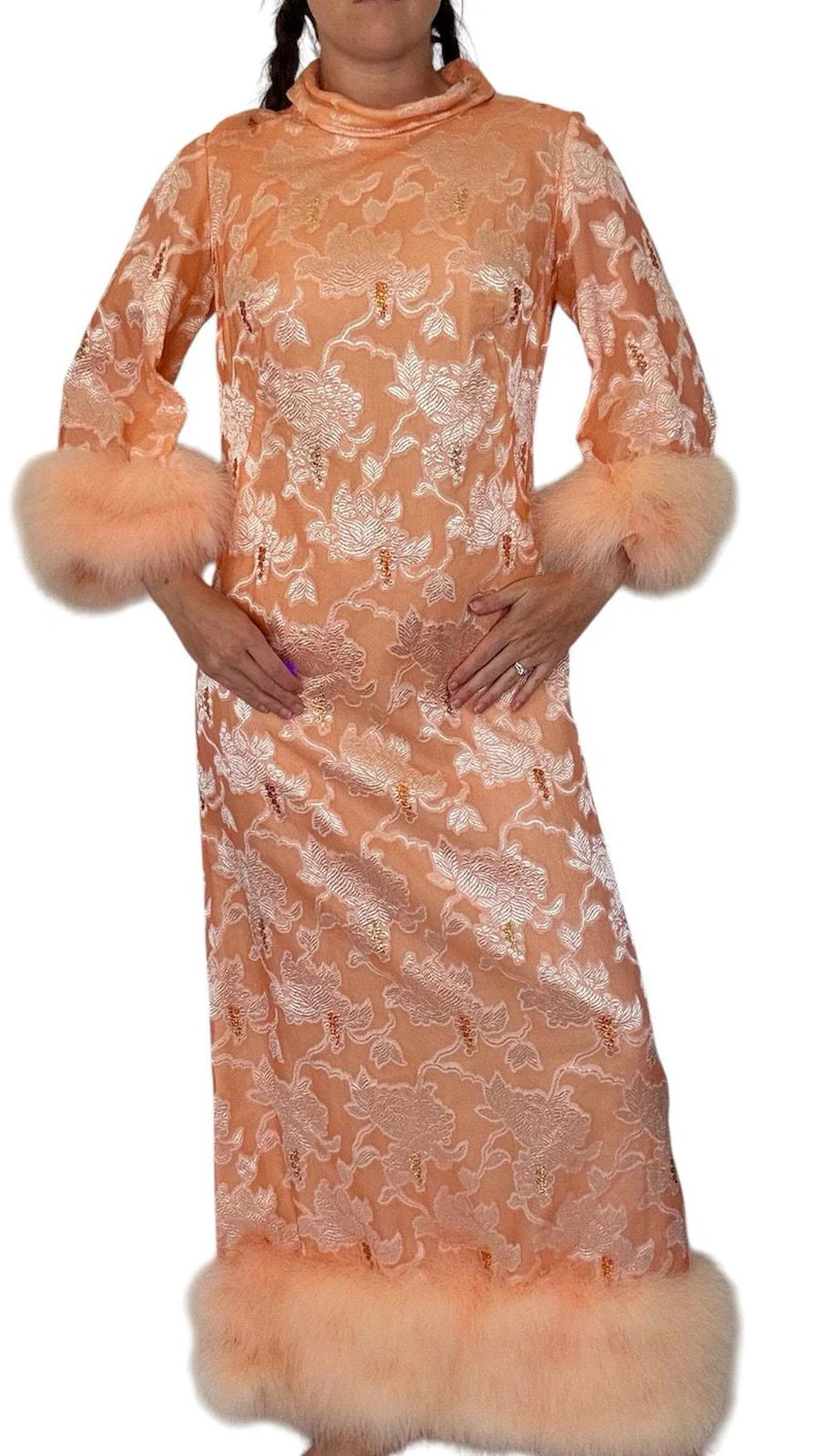 Vintage 60s Silk Chiffon Jacquard Floor Length Gown Feather Trim Cowl Neck Pink | Etsy (Global)