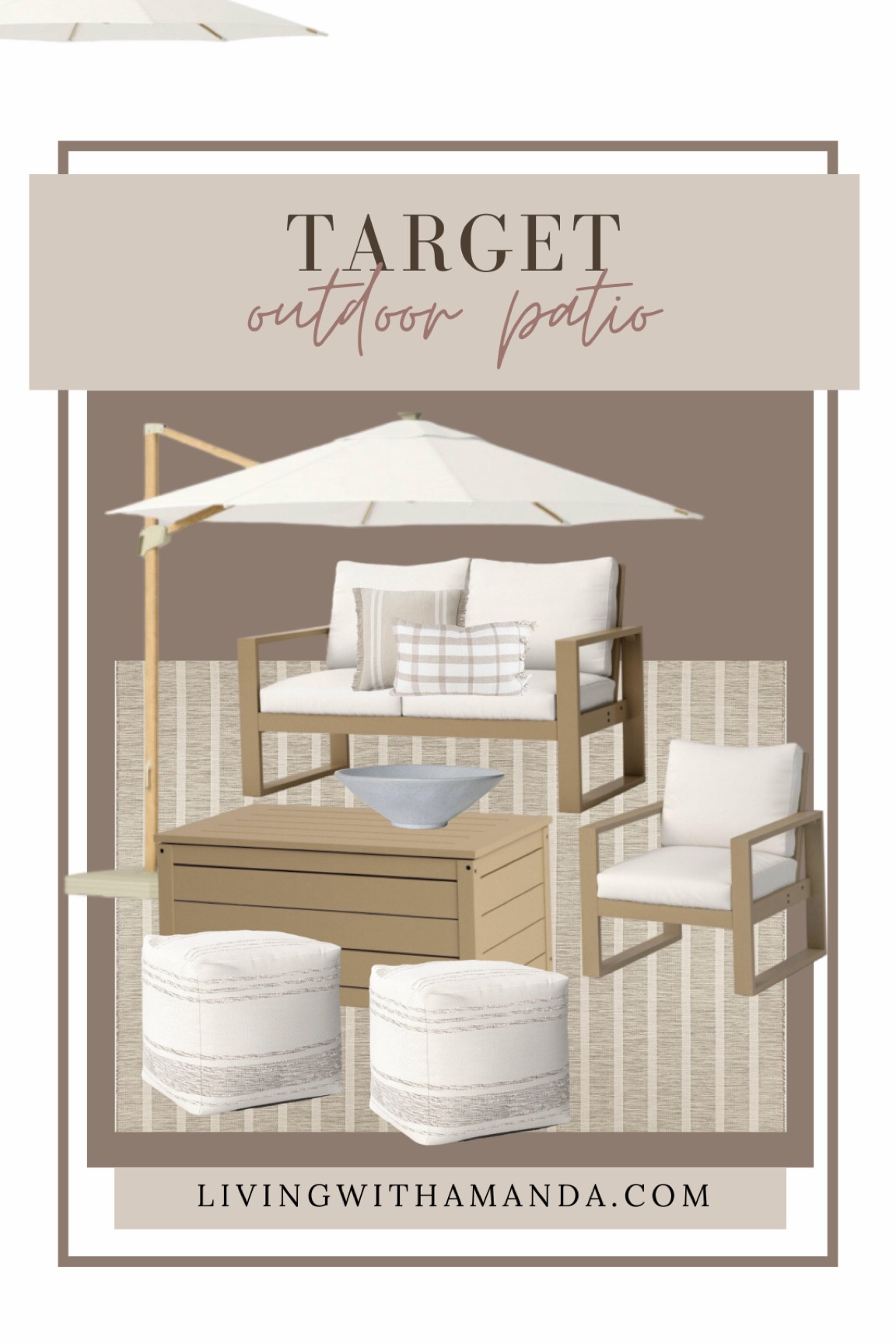 Target patio outdoor decor
Target sofa
Target couch
Target outdoor pillows
Target fireplace
Target outdoor umbrella 
Target poufs 
Target outdoor storage


#LTKxTarget #LTKSeasonal #LTKhome