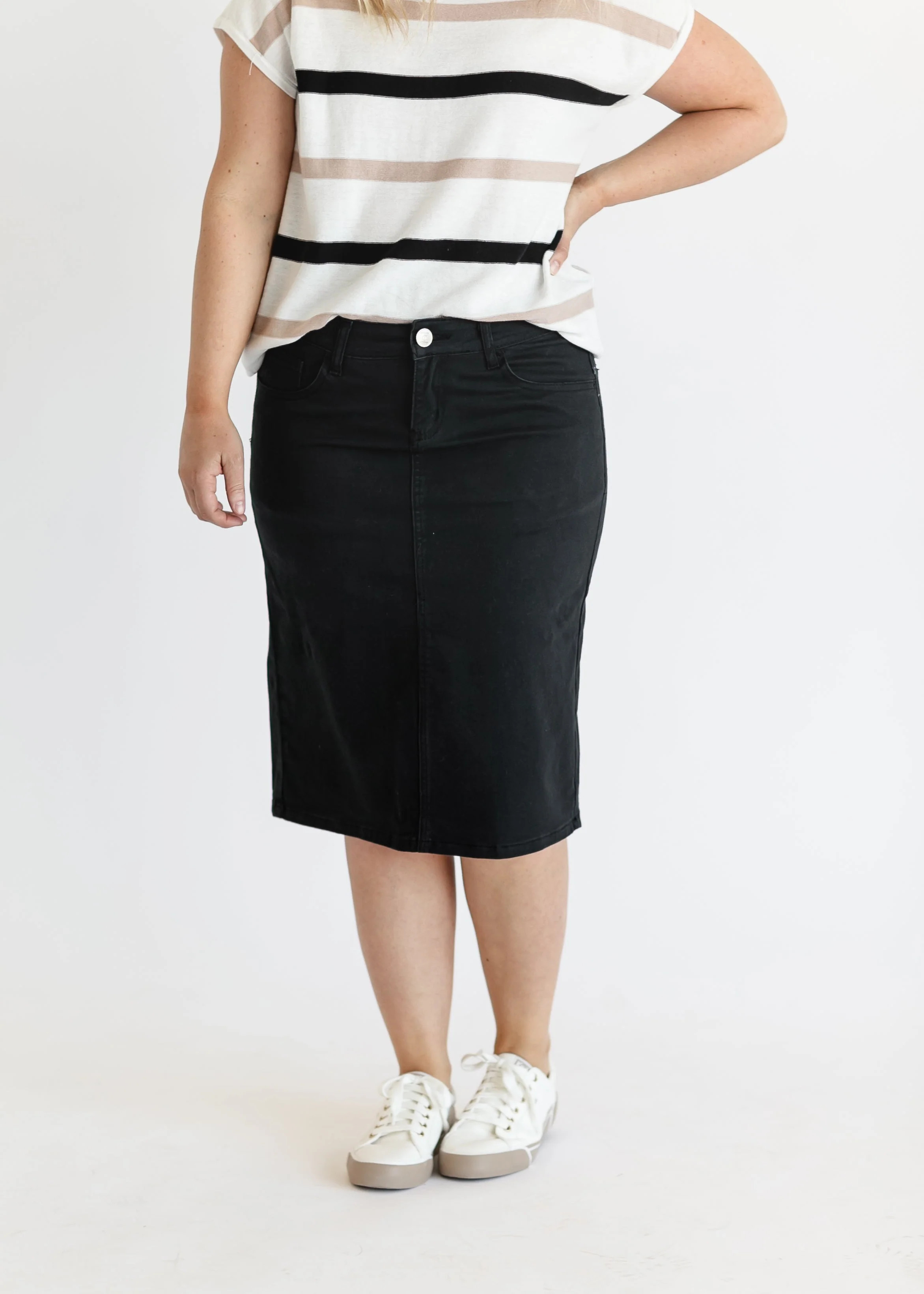 Remi Jet Black Denim Midi Skirt | Inherit Clothing Co.