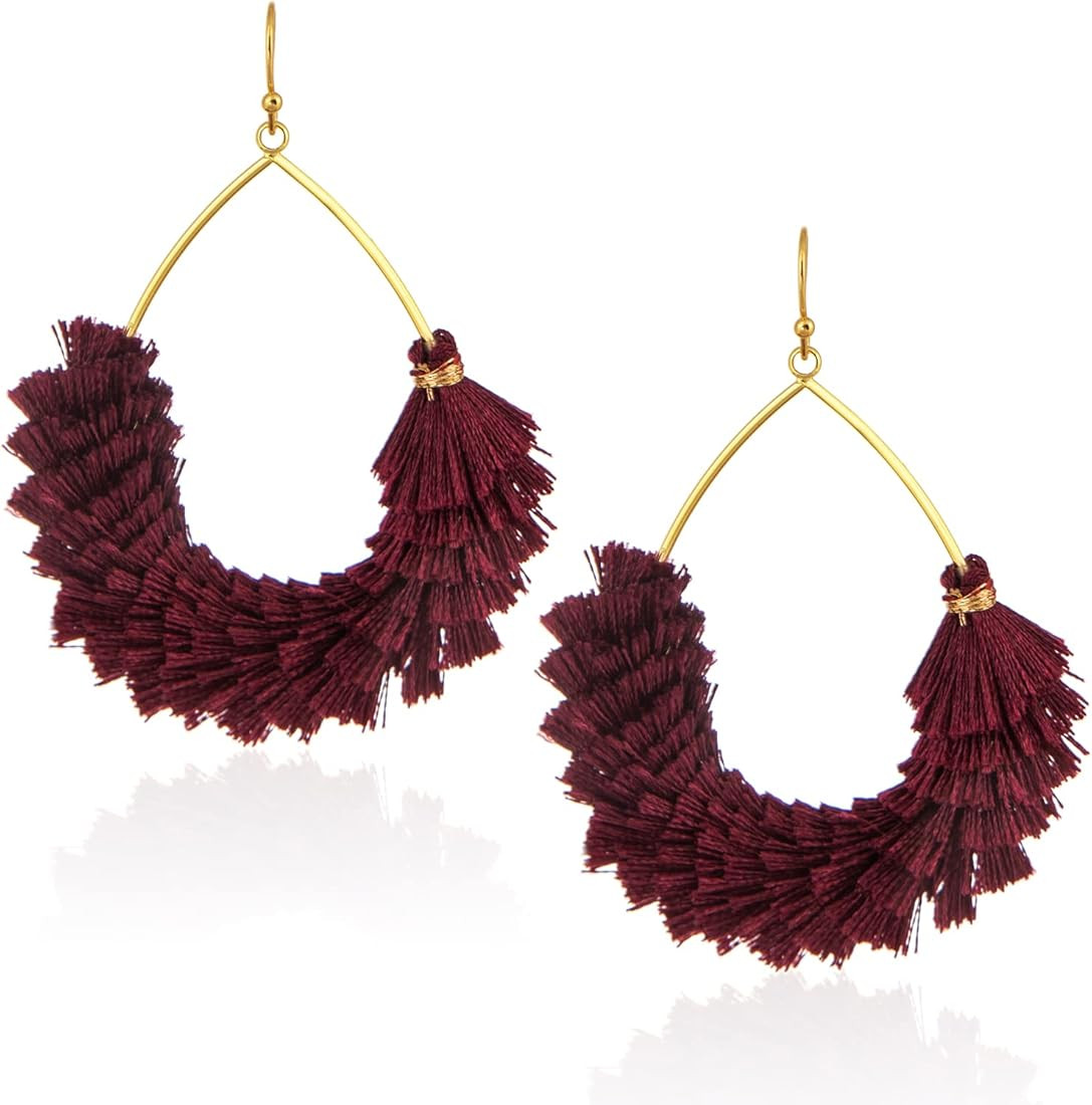 Handmade Multi-color Tassel Earrings - Boho Short Fringe Earrings Jewelry, Teardrop Dangle Earrin... | Amazon (US)