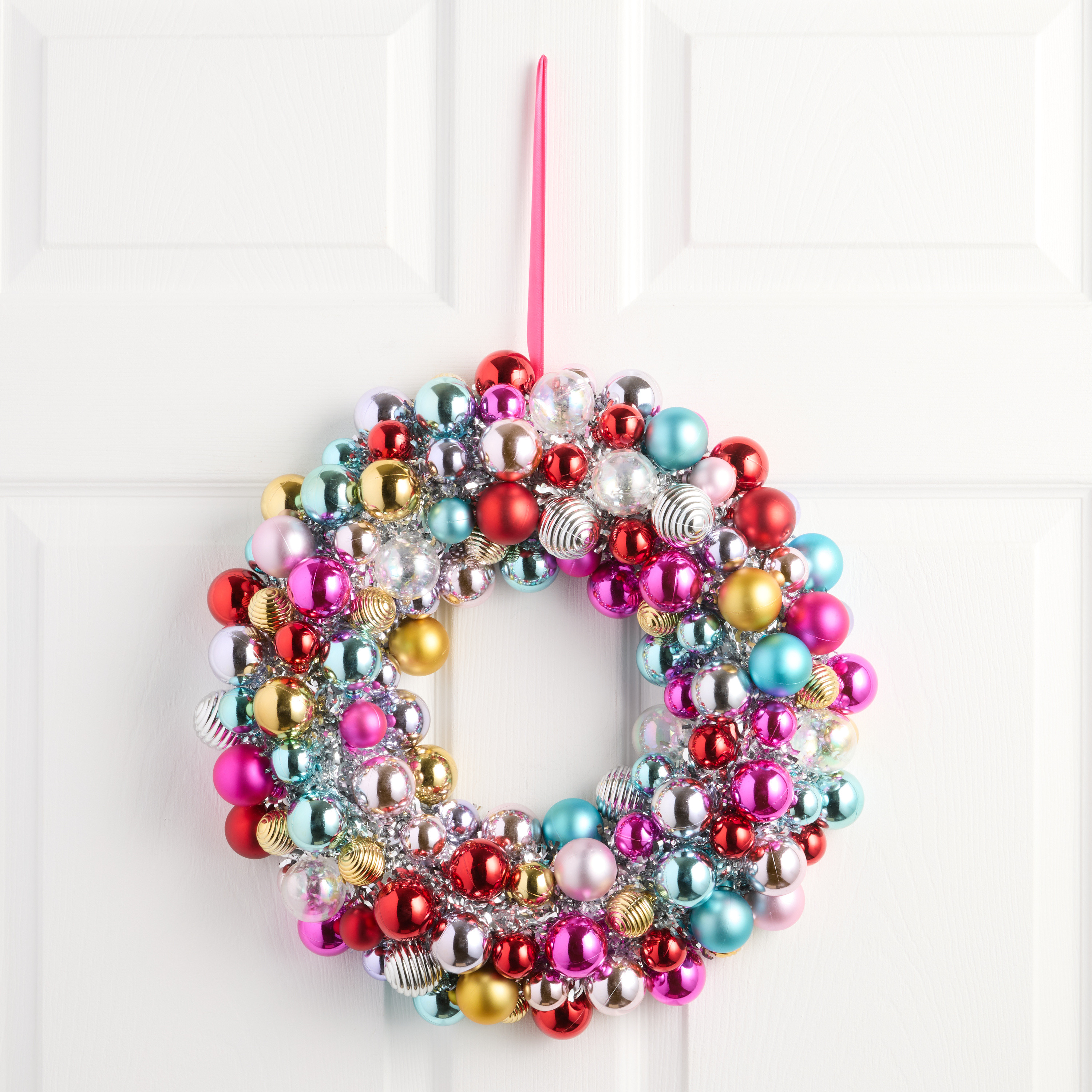 Rainbow Ornaments with Silver Tinsel Wreath | World Market