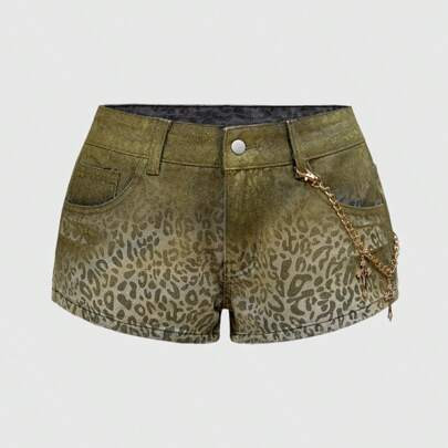 Y2K Shibuya Gyaru Millennium Leopard Print Hot Stamping Low-Waisted Cross Retro Tight Denim Very Low-Rise Shorts For Women | SHEIN