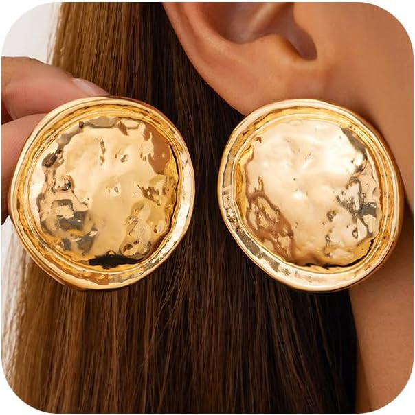Large Hammered Round Statement Earrings for Women Exaggerated Big Geometric Hammer Dangle Earring... | Amazon (US)