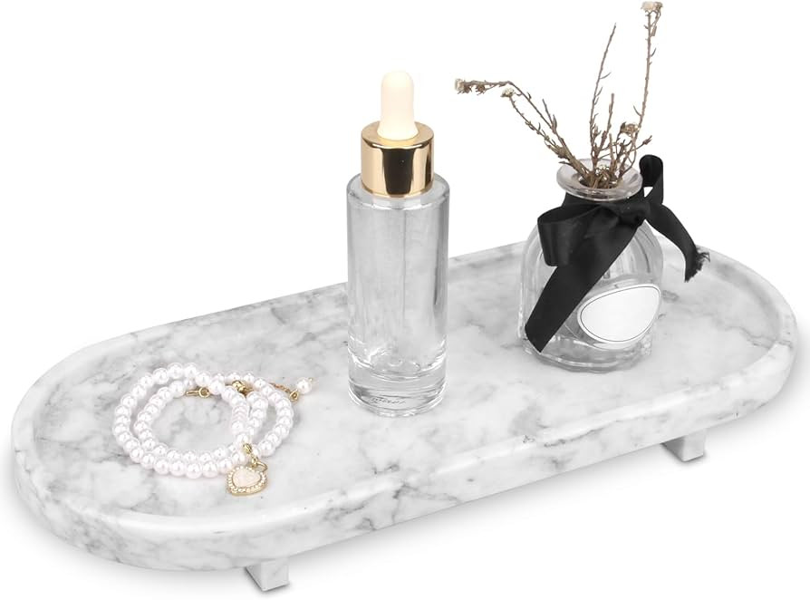 Amazon.com: HESHIBI Marble Oval Bathroom Vanity Tray with Leg,Natural Stone Small Decorative Tray... | Amazon (US)