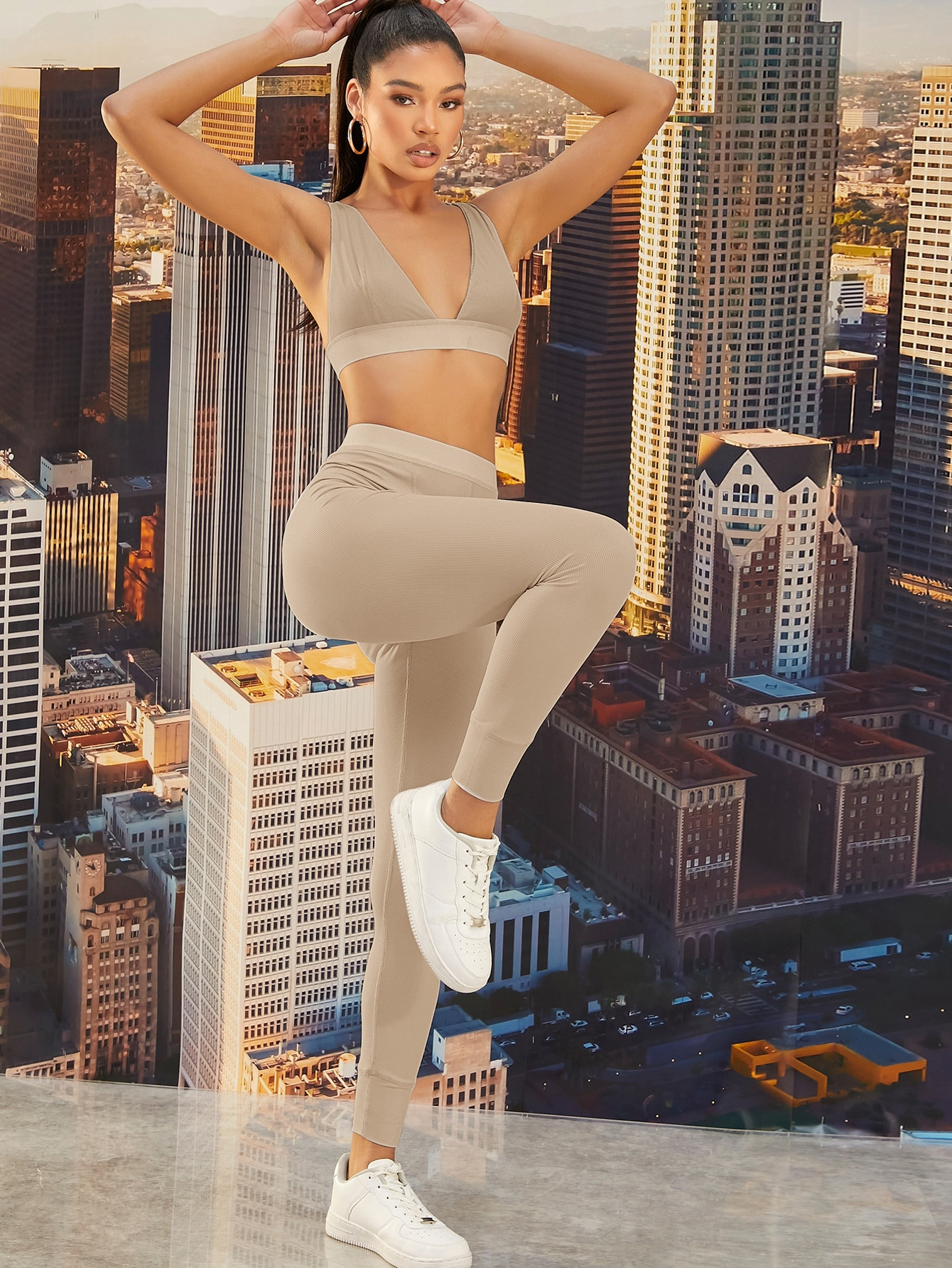 SHEIN BAE Ribbed V-Neck Bralette & High-Rise Leggings Set | SHEIN