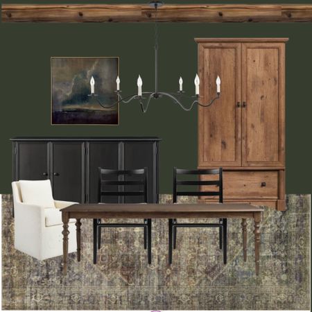 Dining room design board, dining room ideas, dining table, dining chairs, wine cabinet, loloi rug, upholstery chair, chandelier, moody dining room, moody wall art 

#LTKsalealert #LTKhome #LTKFind