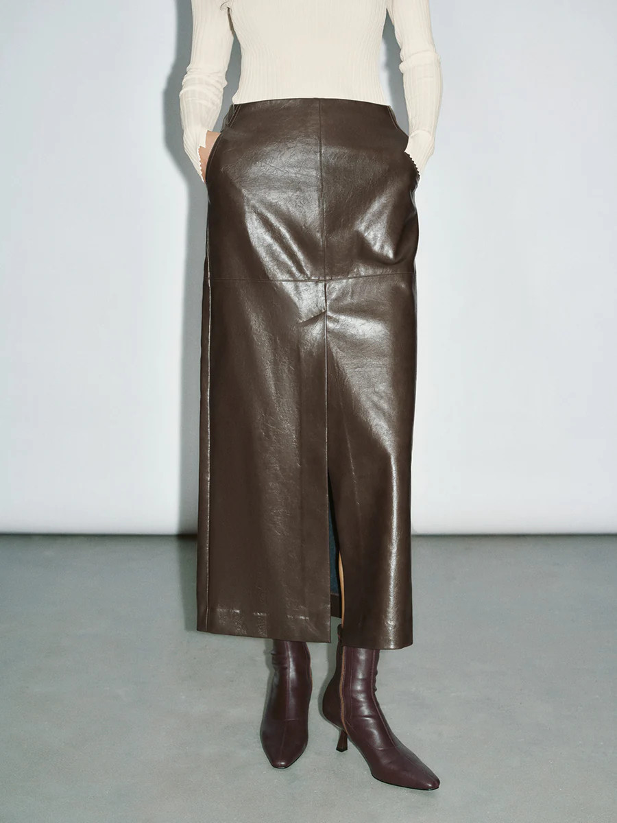 Vegan Leather Midi Straight Skirt | Urban Revivo