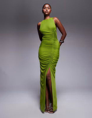 ASOS DESIGN strappy back ruched mesh maxi dress in lime | ASOS (Global)