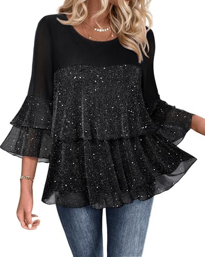 Bebonnie Womens Dressy Sparkly Peplum Tops 3/4 Sleeve Ruffles Elegant Evening Flowy Blouses | Amazon (US)