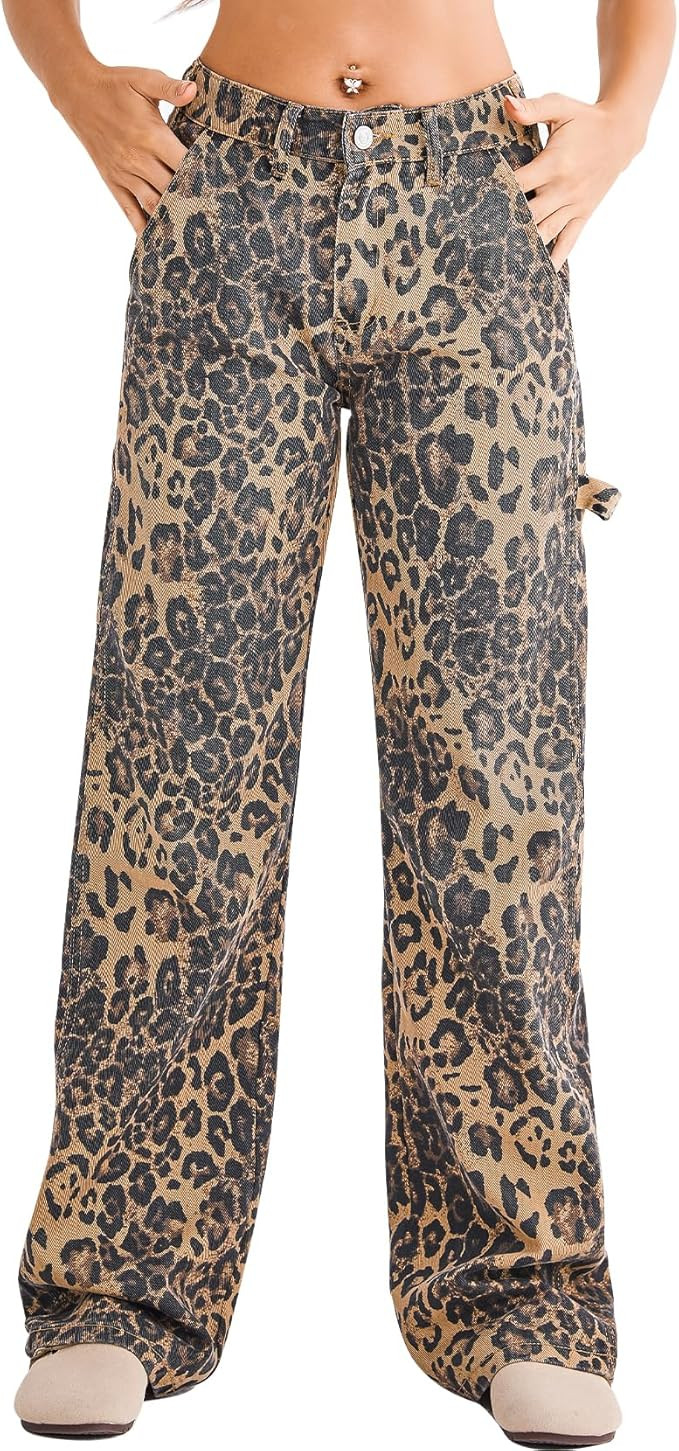 Women's Straight Leg Jeans Casual Low Waisted Leopard Print Pants for Women Trendy Pull on Jeans ... | Amazon (US)