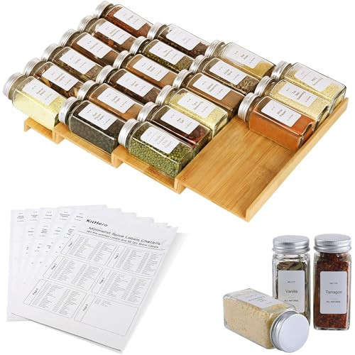 KitHero Spice Drawer Organizer with 24 Spice Jars,216 Labels,25 Non-slip Rubber, Bamboo 4 Tier Seasoning Rack Tray Insert for Kitchen Drawers,Cabinets,Countertop,11" Wide x 15.8" Deep | Amazon (US)