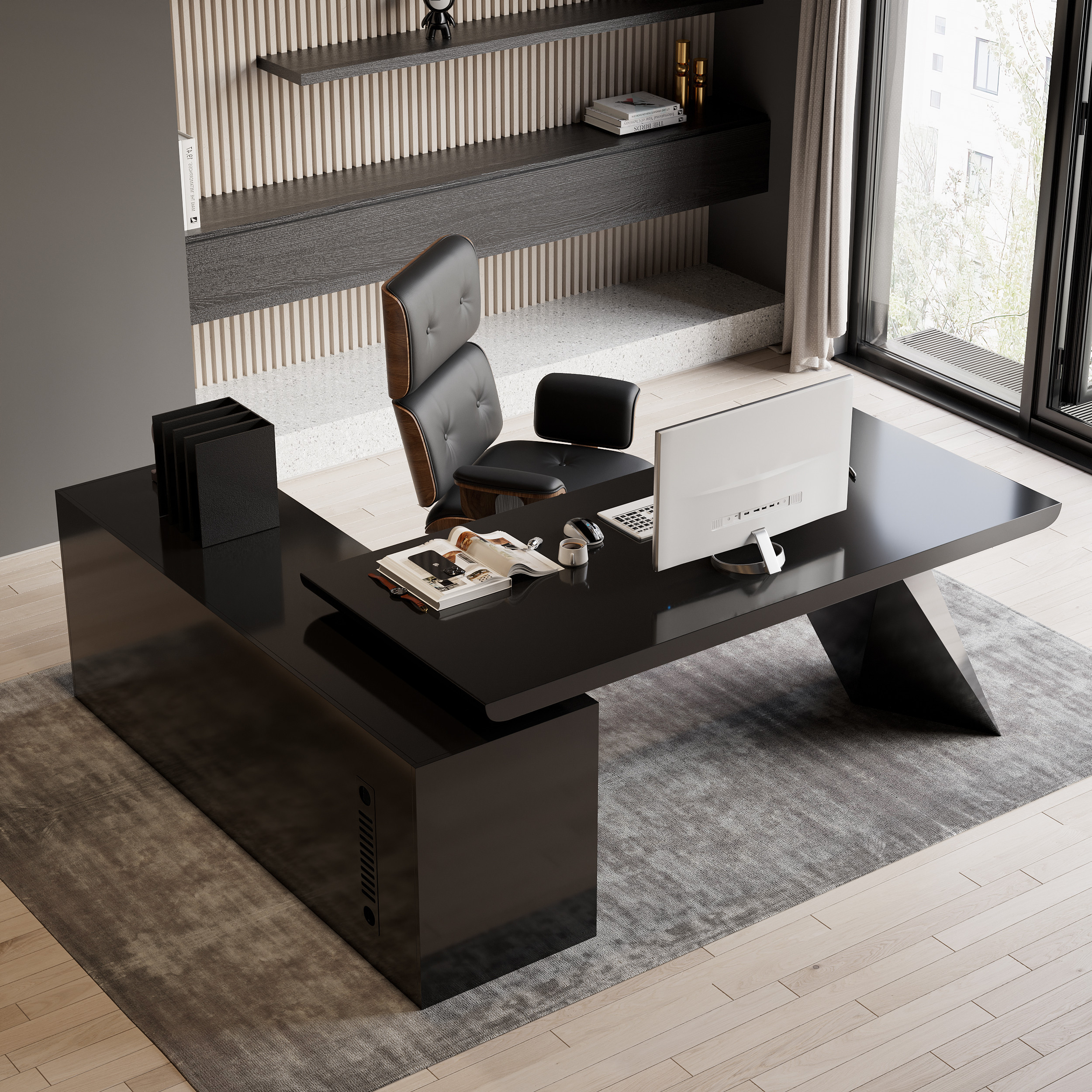 Set Black L-Shape Executive Desk Right Hand Reclining Leather Office Desk Chair (1800m) | Homary