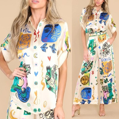 Alemais Soleil Shirt and Pants Set Summer graffiti printed satin Short sleeve | eBay US