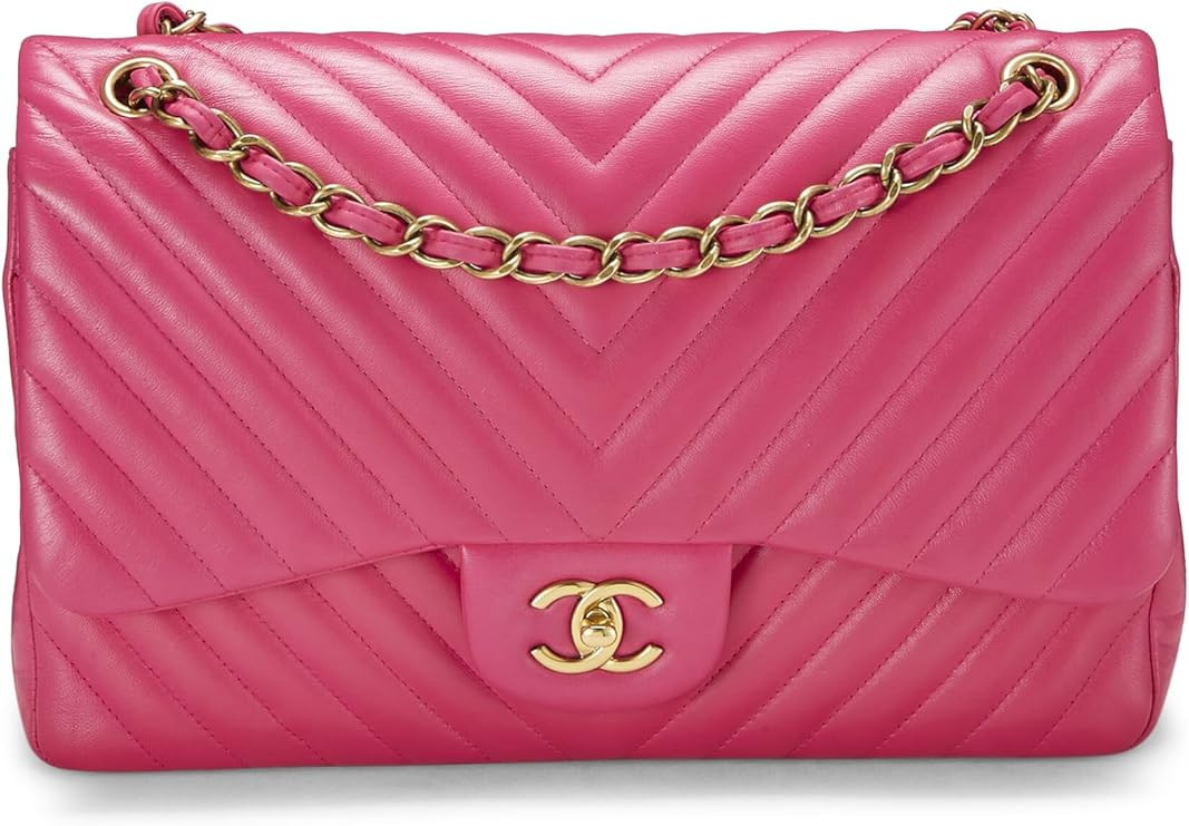 Amazon.com: Chanel, Pre-Loved Pink Chevron Lambskin New Classic Double Flap Jumbo, Pink : Luxury ... | Amazon (US)
