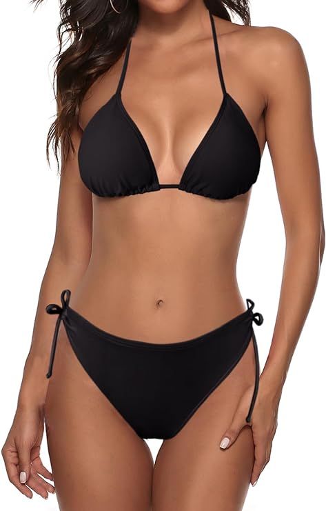 Zonsaoja Women String Bikini Set Halter Side Tie Two Piece Swimsuit Triangle Bathing Suits | Amazon (US)