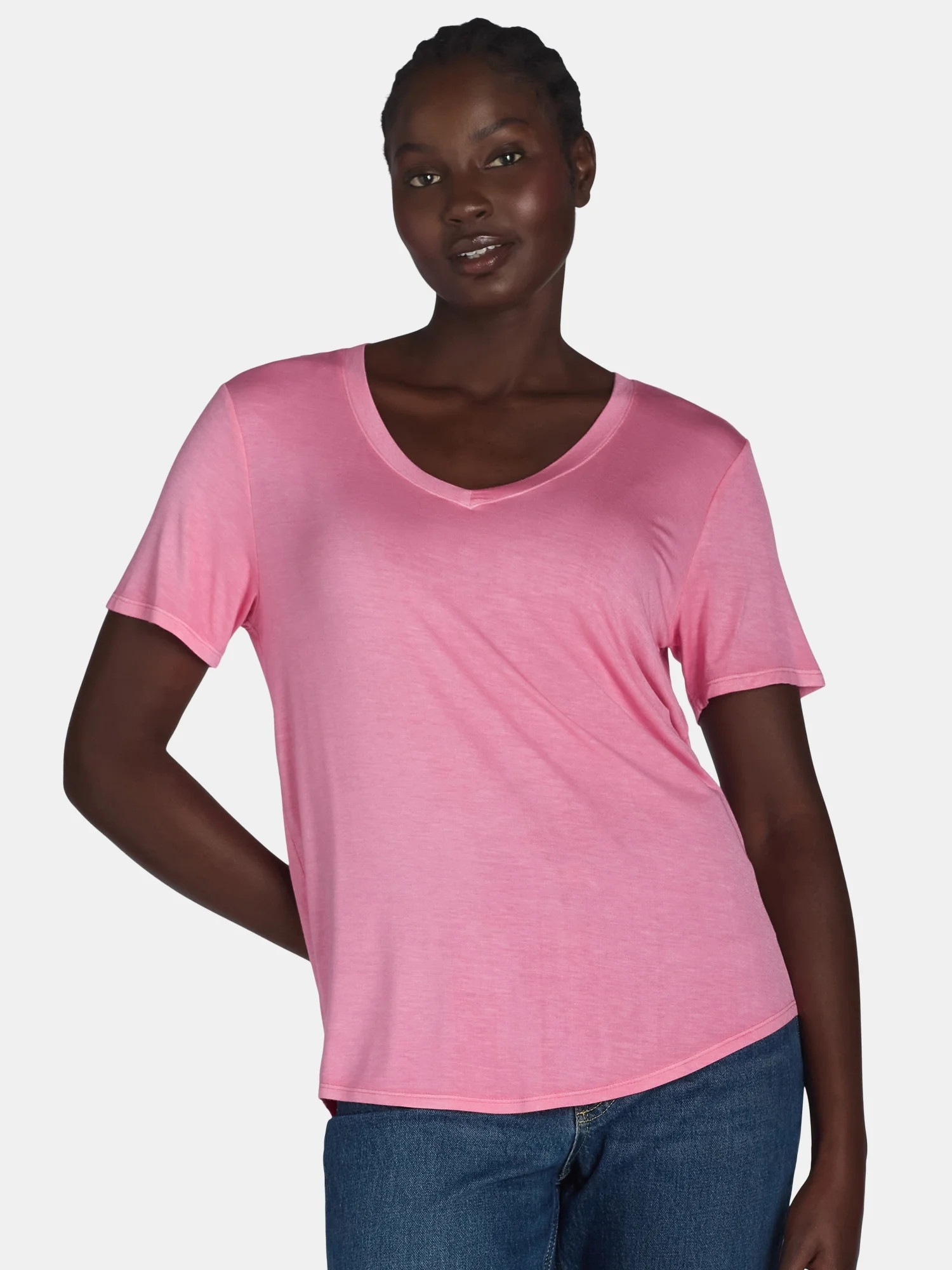 Time and Tru Women’s V-Neck Washed Tee with Short Sleeves, Sizes XS-XXXL | Walmart (US)