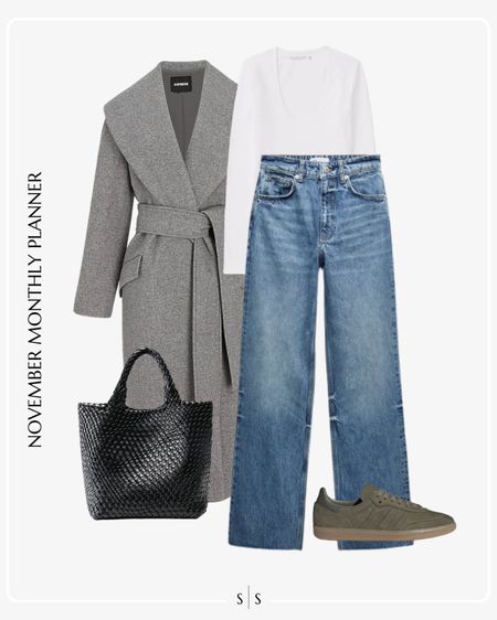 Monthly outfit planner: NOVEMBER Fall and Winter looks | top coat, wide leg jeans, long sleeve bodysuit, olive Adidas sambas, black tote 

See the entire calendar on thesarahstories.com ✨

#LTKstyletip