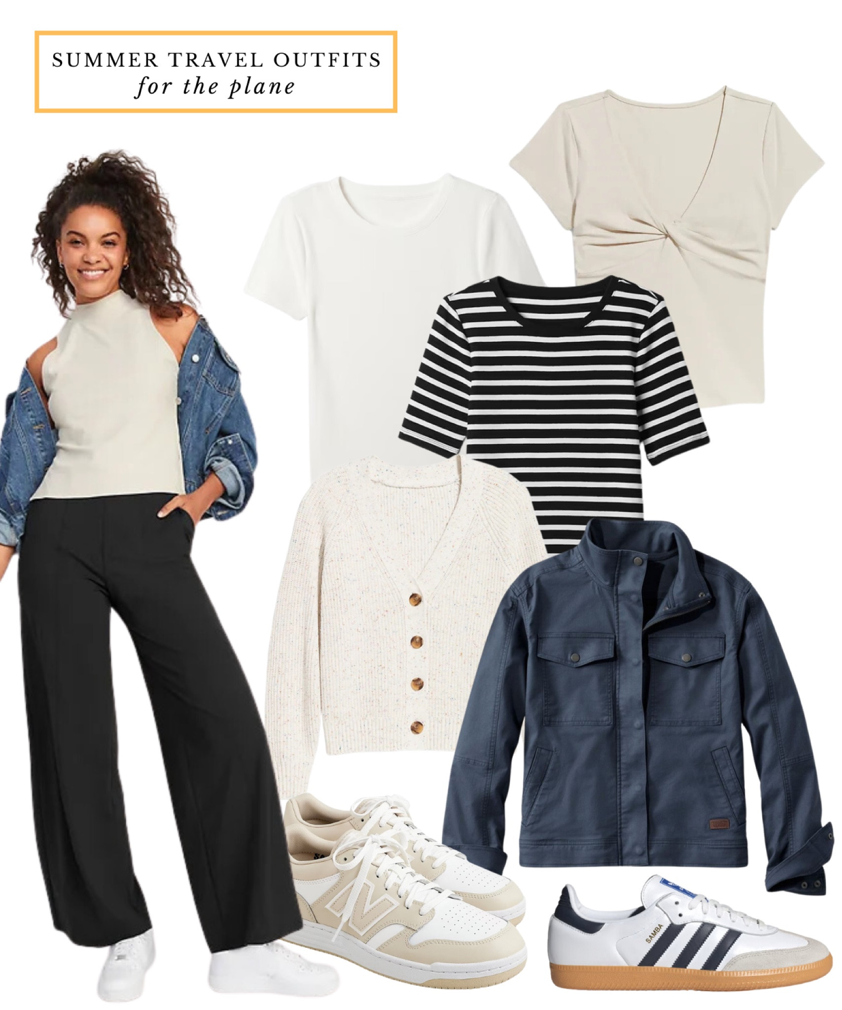 Summer travel outfits for the plane // travel wear, summer outfit, cozy outfit, wide leg pants, T shirts, summer jacket, New Balance sneakers, Adidas sambas 

#LTKover50style #LTKsummer #LTKtravel