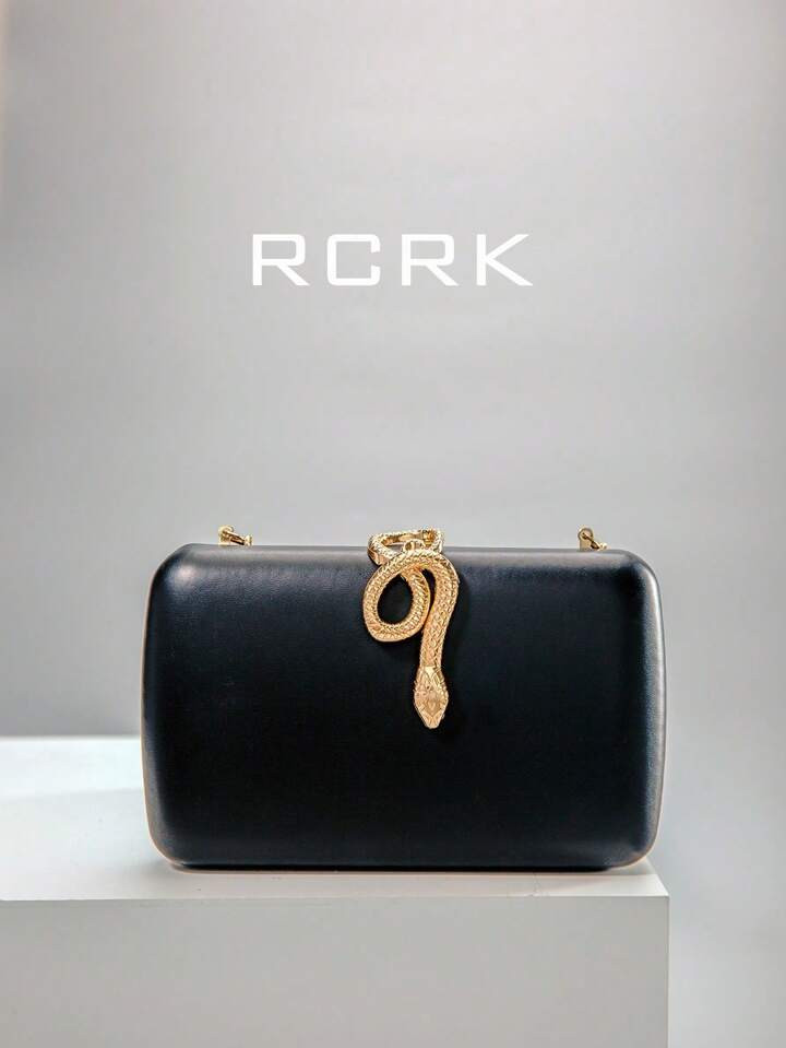 RCRK Classic Black Faux Sheepskin PU Square Personalized Metal Snake Head Clutch Bag, Can Be Worn Crossbody, Suitable For Parties, Banquets, Cocktail Parties And Vacations | SHEIN