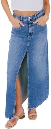 Womens Casual Slit Denim Midi Jean Skirt Stretch High Waist Frayed Button Up with Pockets | Amazon (US)