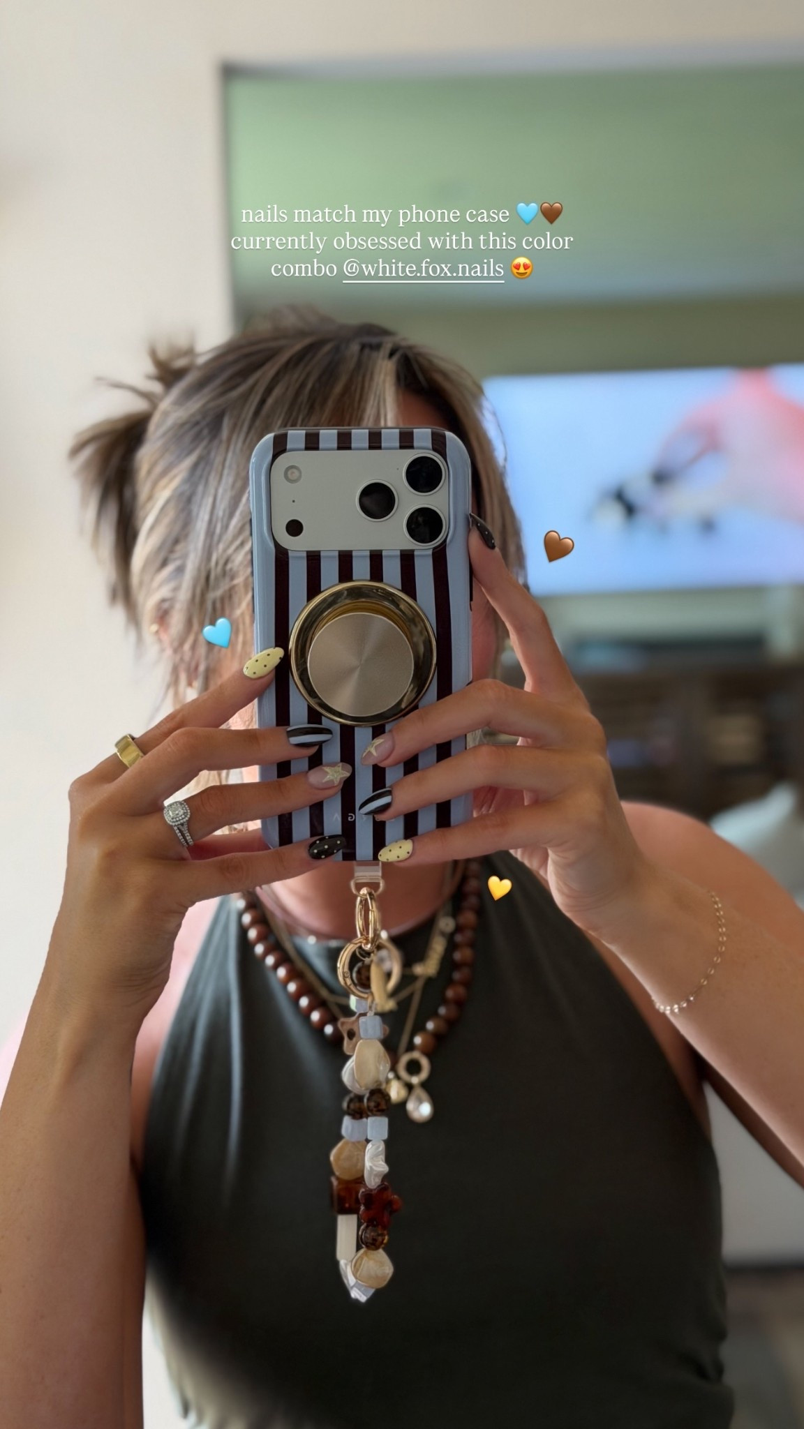 nails match my phone case 🩵🤎 currently obsessed with this color combo @white.fox.nails 😍 🩵 🤎 💛