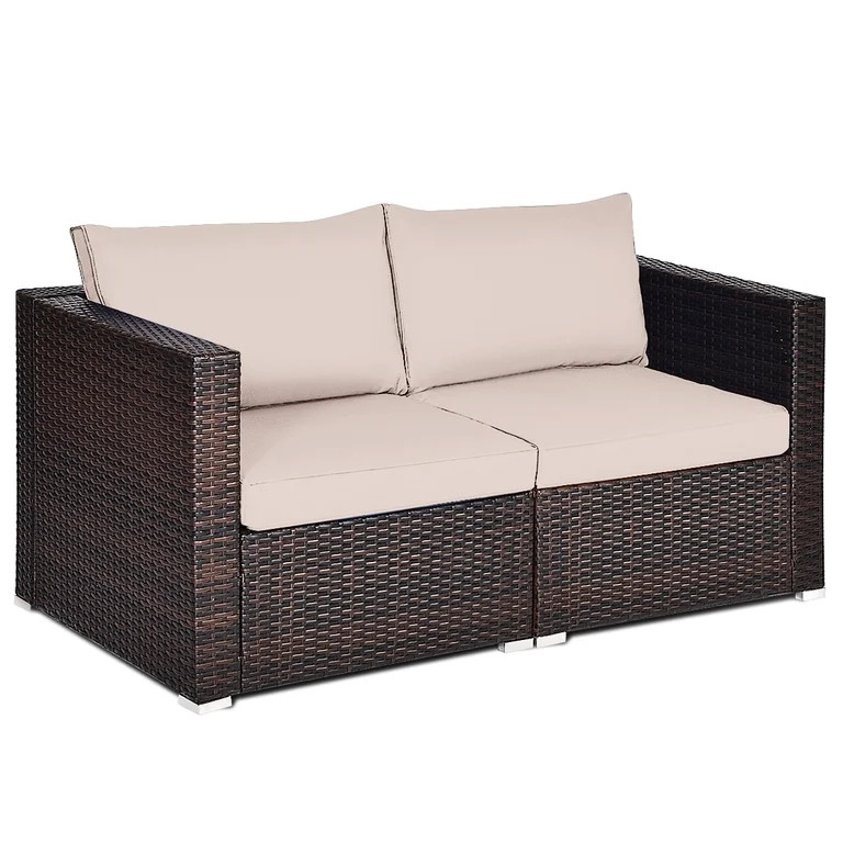 Patiojoy 2-Piece Patio Wicker Corner Sofa Set Rattan Loveseat with Removable Cushions Brown | Walmart (US)