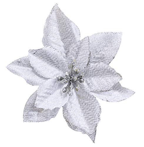 Winlyn 24 Set Christmas Silver Glitter Poinsettia Flower Picks Christmas Tree Ornaments for White Silver Christmas Tree Wreaths Garland Holiday Seasonal Wedding Decorations White Gift Box Included | Amazon (US)