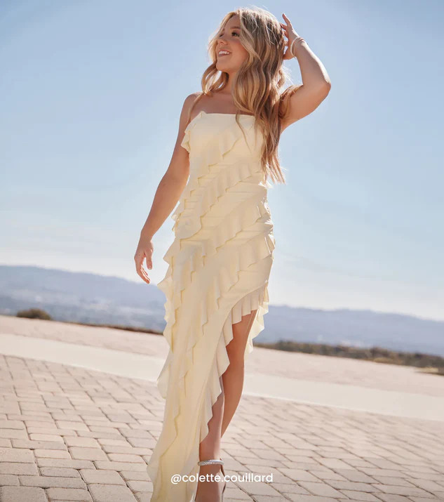 Gabby Formal Mesh Strapless Ruffle Long Dress | Windsor Stores