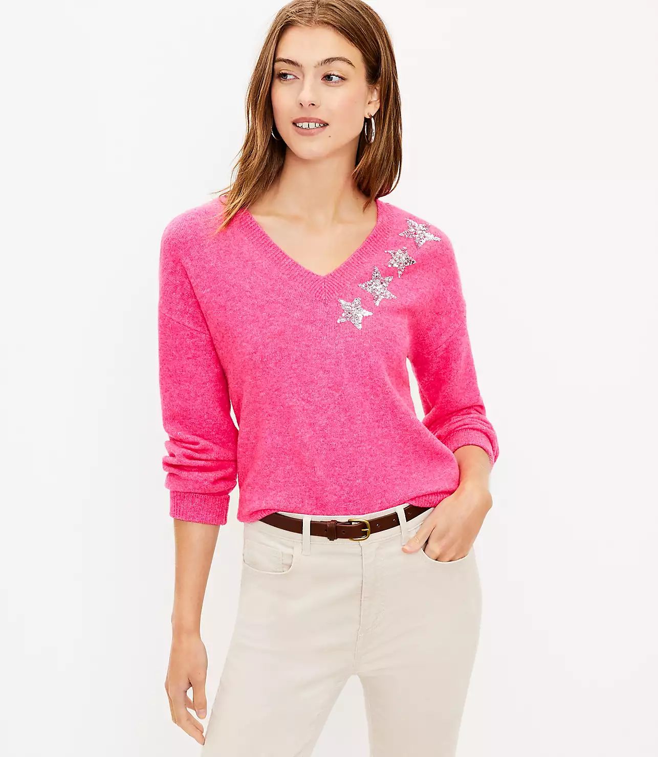Shimmer Star V-Neck Sweater | LOFT