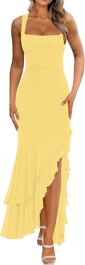 BORIFLORS Women's Elegant Bodycon Ruched Maxi Cocktail Dress Mesh Sleeveless Mermaid Ruffle Beach... | Amazon (US)