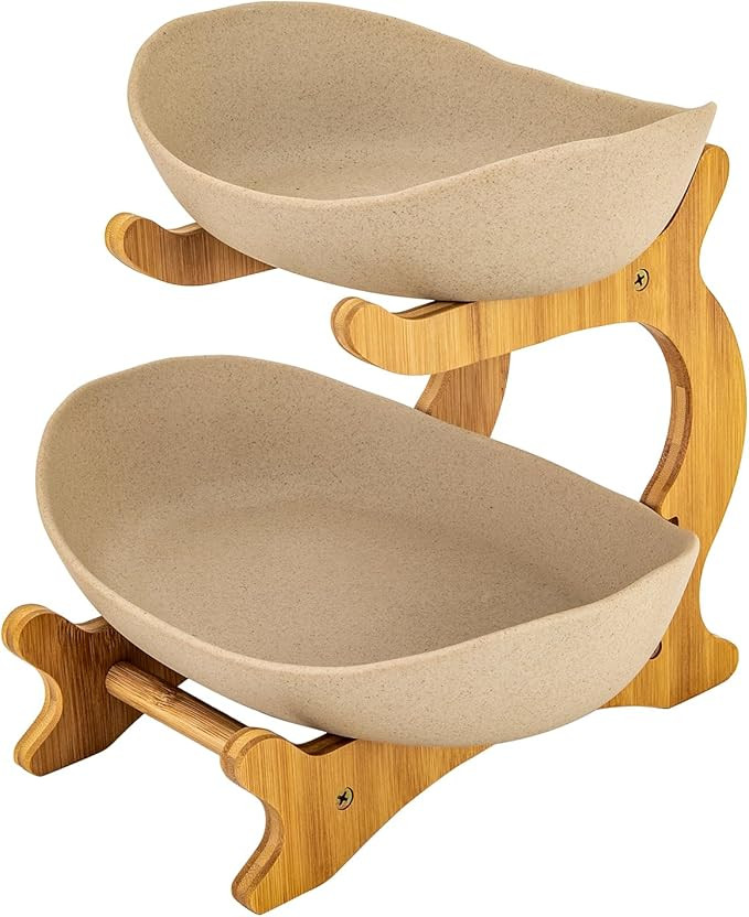 2 Tier Fruit Basket, Ceramic Vegetable Bowl with Bamboo Wood Stand, Storage Bowls for Nuts, Salad... | Amazon (US)