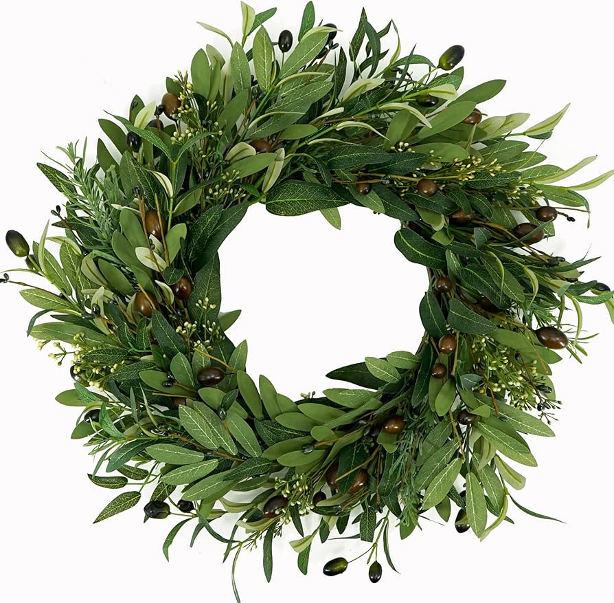 Artificial Green Olive Wreath for Front Door Greenery Wreath with Olive Leaves, Bean for Spring S... | Amazon (US)