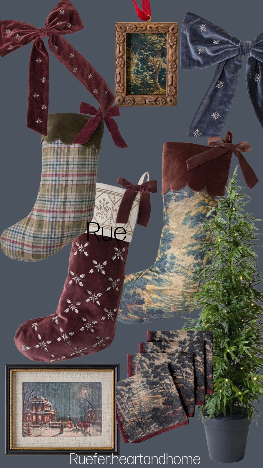 Beautiful Christmas decor from Magnolia… stockings, napkins, Christmas potted tree, Christmas framed art
